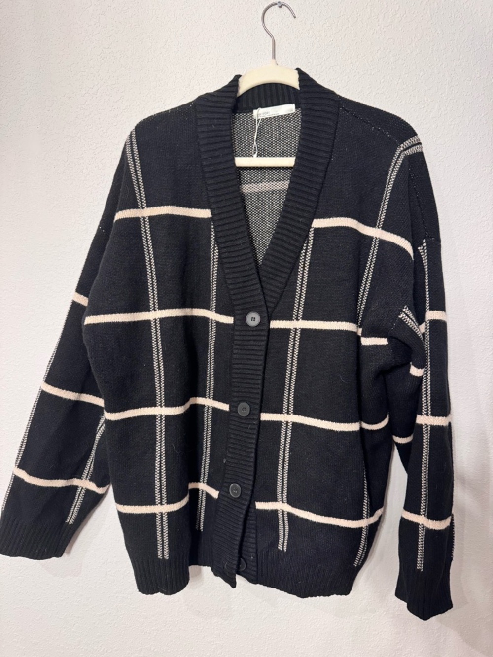 OAK + FORT Oversized Grid Button Front Cardigan Black Cream Size L NWOT